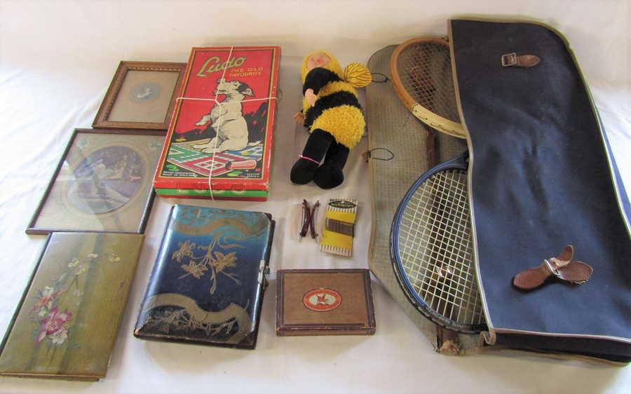 Old ludo box with ludo board and snakes & ladders board, Ann Geddes bee doll, vintage slazenger