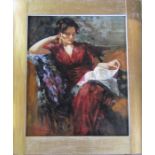After Pino Daeni - large framed oil on board of a lady seated reading 65 cm x 75 cm (size