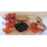 Various Le Creuset table ware inc 2 1.3L teapots, lidded casserole dishes C and F, over dish 29 2.