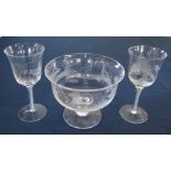 3 pieces of signed Dartington crystal - pair of twisted stem engraved glasses H 18 cm and pedestal