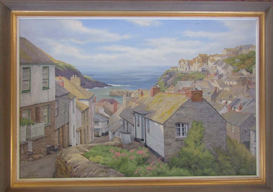 Framed acrylic painting 'Port Isaac' by Leonard Brooks, signed Len Brooks lower left corner 85 cm