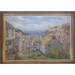 Framed acrylic painting 'Port Isaac' by Leonard Brooks, signed Len Brooks lower left corner 85 cm