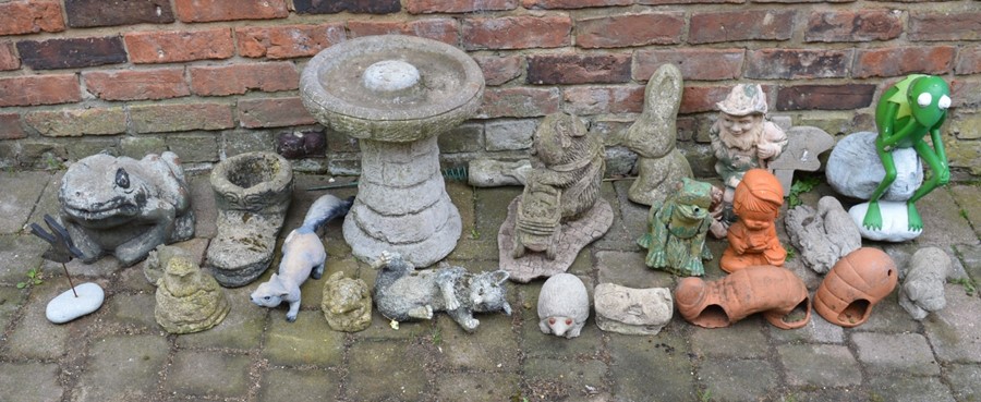 Collection of concrete etc garden ornaments & a bird bath