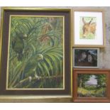 Selection of animal paintings inc oil on board of a partridge by M Budd and oil on canvas of parrots