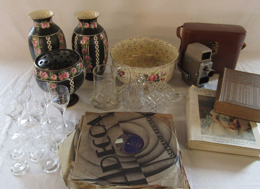 Assorted ceramics and glassware, records, Mrs Beeton cook book and a cased G B-Bell & Howell 624