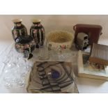 Assorted ceramics and glassware, records, Mrs Beeton cook book and a cased G B-Bell & Howell 624