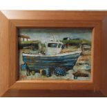 Framed and glazed oil on board painting of a fishing boat by Isle of Coll artist Crawford