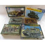 6 Italerie model kits inc Sherman allied standard tank, commando car, 5cm PAK 3 with servants and