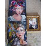 3 mixed media portrait paintings by Patricia Bowditch (largest 50 cm x 40 cm)