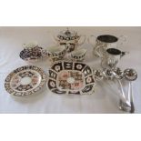 Selection of imari pattern ceramics inc Crown Derby cup, saucer and dish & silver plated spoons etc