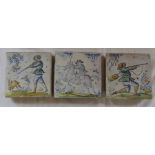 3 maiolica tiles featuring game shooting scenes 12.5 cm x 12.5 cm