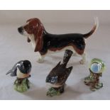 Beswick basset hound dog L 19.5 cm & 3 Beswick birds - stonechat, whitethroat and blue tit