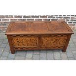 Reproduction 17th century oak coffer with ornate carving & parquetry inlay L 134 cm D 54 cm H 59 cm