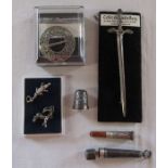 Sterling silver kilt sword brooch L 11 cm weight 0.43 ozt, silver thimble, Norsk Fradisjonsseh