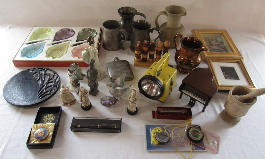 Various ceramics, glassware, decoupage pictures, pen, torch, wooden puzzle and pewter etc
