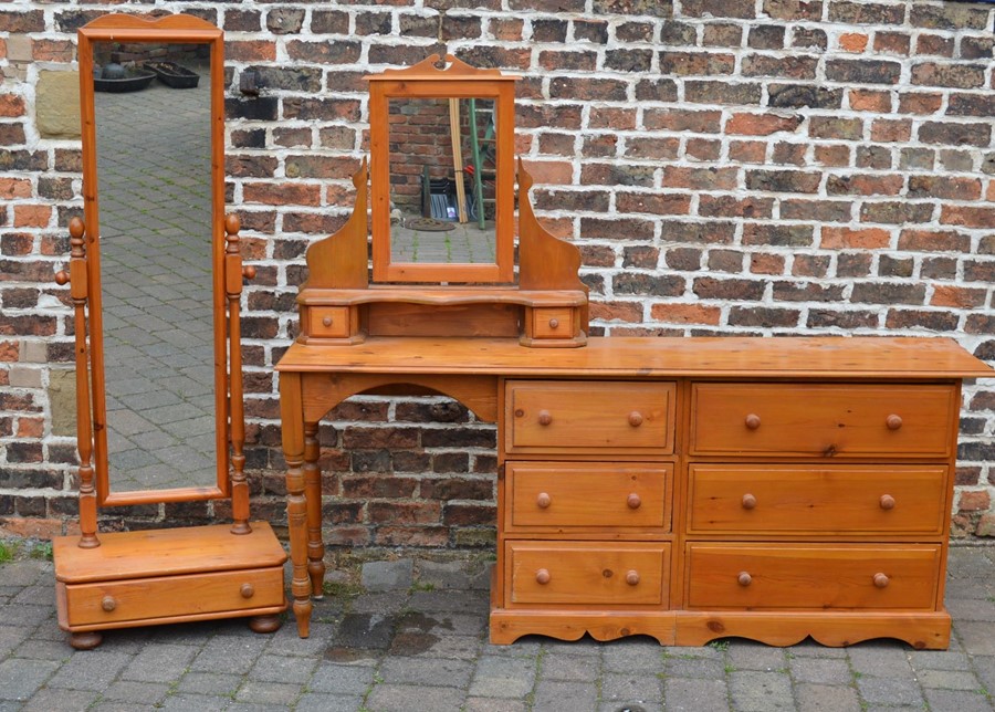 Large pine dressing table & a cheval mirror