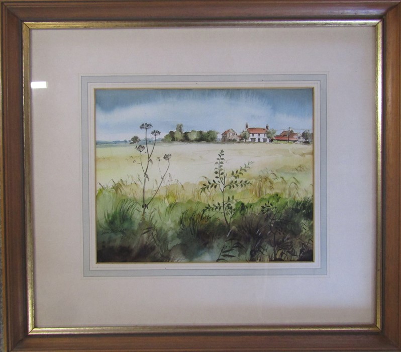 Framed watercolour by Lincolnshire artist John Brookes of fields with farmhouse in foreground 45