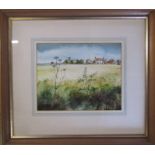Framed watercolour by Lincolnshire artist John Brookes of fields with farmhouse in foreground 45