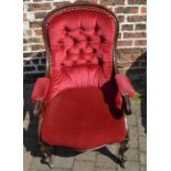Victorian mahogany button back open armchair with scroll arms & feet (repair to front foot)