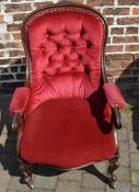 Victorian mahogany button back open armchair with scroll arms & feet (repair to front foot)