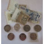 Selection of coins and bank notes inc silver one dollar coin 1896 and Victorian crown 1893