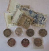 Selection of coins and bank notes inc silver one dollar coin 1896 and Victorian crown 1893