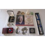 Selection of coins inc Queen Elizabeth 80th birthday crown, Swarovski, silver handled bread knife,