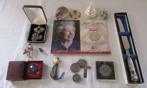 Selection of coins inc Queen Elizabeth 80th birthday crown, Swarovski, silver handled bread knife,