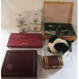 4 boxed mugs, cased gardening tools, display box, scrabble presentation edition etc