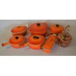 6 pieces Le Creuset & similar pans & oven to table ware & a copper kettle