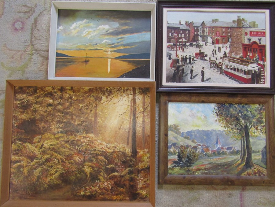 Selection of landscape paintings inc Oldham Town Centre oil on board by J Sutcliffe 49 cm x 38 cm (