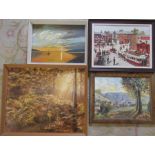 Selection of landscape paintings inc Oldham Town Centre oil on board by J Sutcliffe 49 cm x 38 cm (