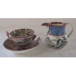 Small Sunderland lustre jug with two country transfers H 9 cm & a Durham Davenport lustre cup and