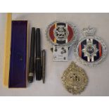 Argyll & Sutherland cap badge, York & Lancaster car badge with another, silver propelling pencil & 2