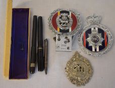 Argyll & Sutherland cap badge, York & Lancaster car badge with another, silver propelling pencil & 2