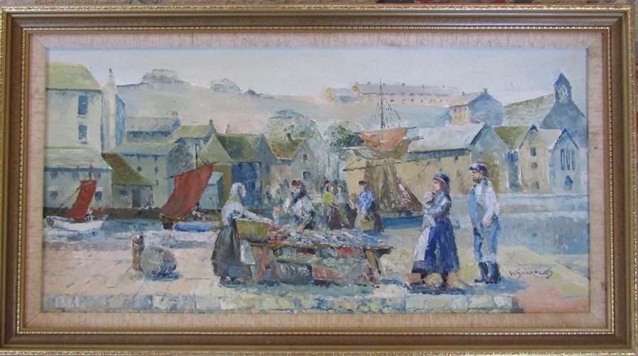 Framed oil on canvas of a fishing harbour scene by W Sharples 68 cm x 37 cm (size including frame)