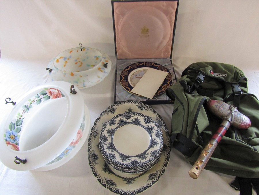 Various ceramics inc Spode, rucksack, stone club & 2 glass ceiling lights