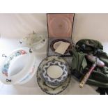 Various ceramics inc Spode, rucksack, stone club & 2 glass ceiling lights