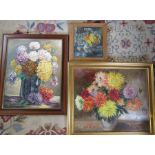 3 framed still life of flowers oil on boards inc R C Bean 29 cm x 31 cm, Bill Forrester 49.5 cm x 60