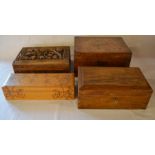 Victorian burr walnut veneer writing slope (with Grimsby School Board label) & 3 wooden boxes