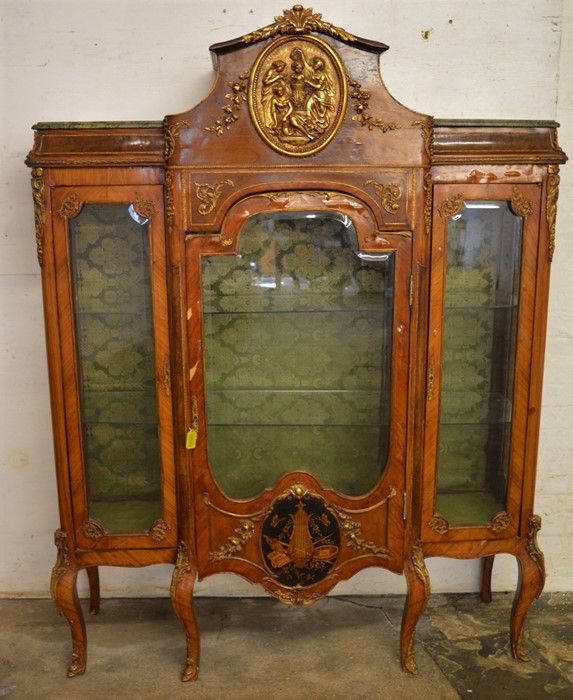 Large late 19th/early 20th century French display cabinet with marble top side plinths,