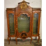 Large late 19th/early 20th century French display cabinet with marble top side plinths,