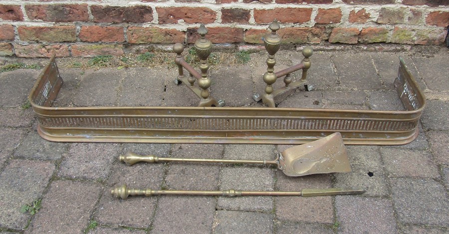 Brass fender, pair of fire dogs & part fireside companion set