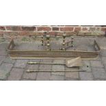 Brass fender, pair of fire dogs & part fireside companion set