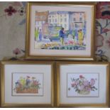 Framed watercolour 'Flower seller at Caistor' by Dorothy Burke 44 cm x 37 cm & pair of framed