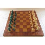 Large wooden chess board 62 cm x 62 cm (slight damage) with bird chess pieces (resin)