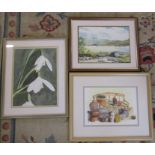 3 framed watercolours inc 'Bridge at Loch Cluanie' by Diane Brookes and still life by Margaret