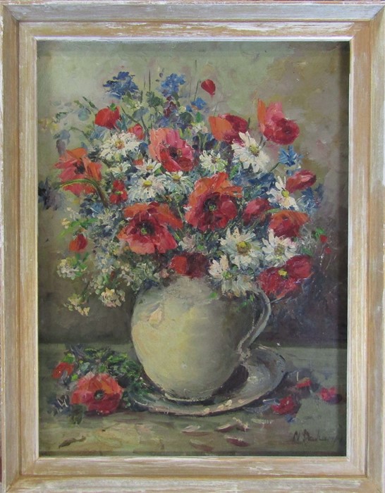 Framed oil on canvas still life of a vase of flowers signed lower right corner (possibly N Dechamps)