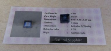 5.45 ct blue sapphire stone with certificate (indication of heating) 8.40 x 8.40 x 6.00 mm