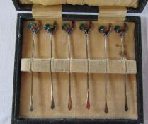 Cased set of silver cocktail sticks with enamel cockerel decoration Birmingham 1929